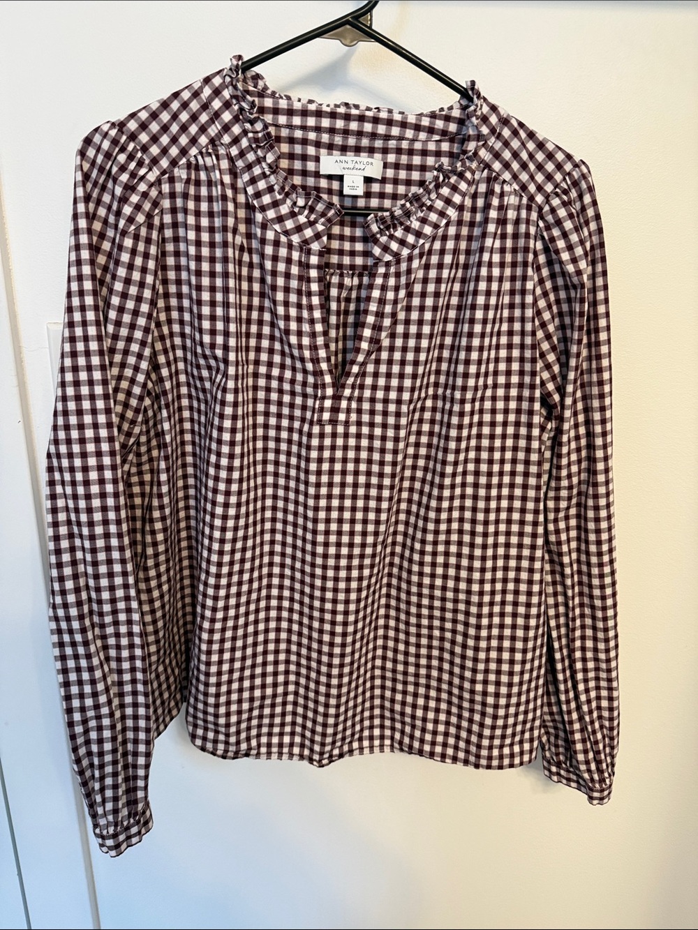Ann Taylor Burgundy and White Gingham Ruffle-Neck Blouse